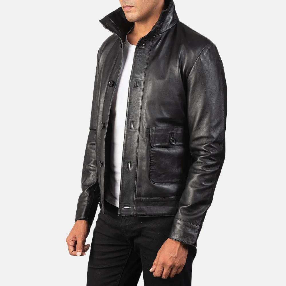 Columbus Black Leather Bomber Jacket Up to 5XL