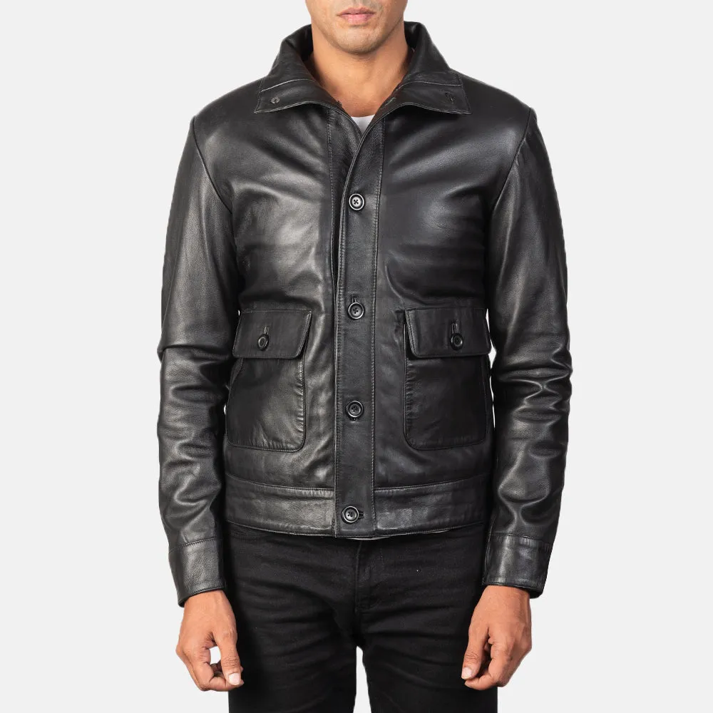 Columbus Black Leather Bomber Jacket Up to 5XL