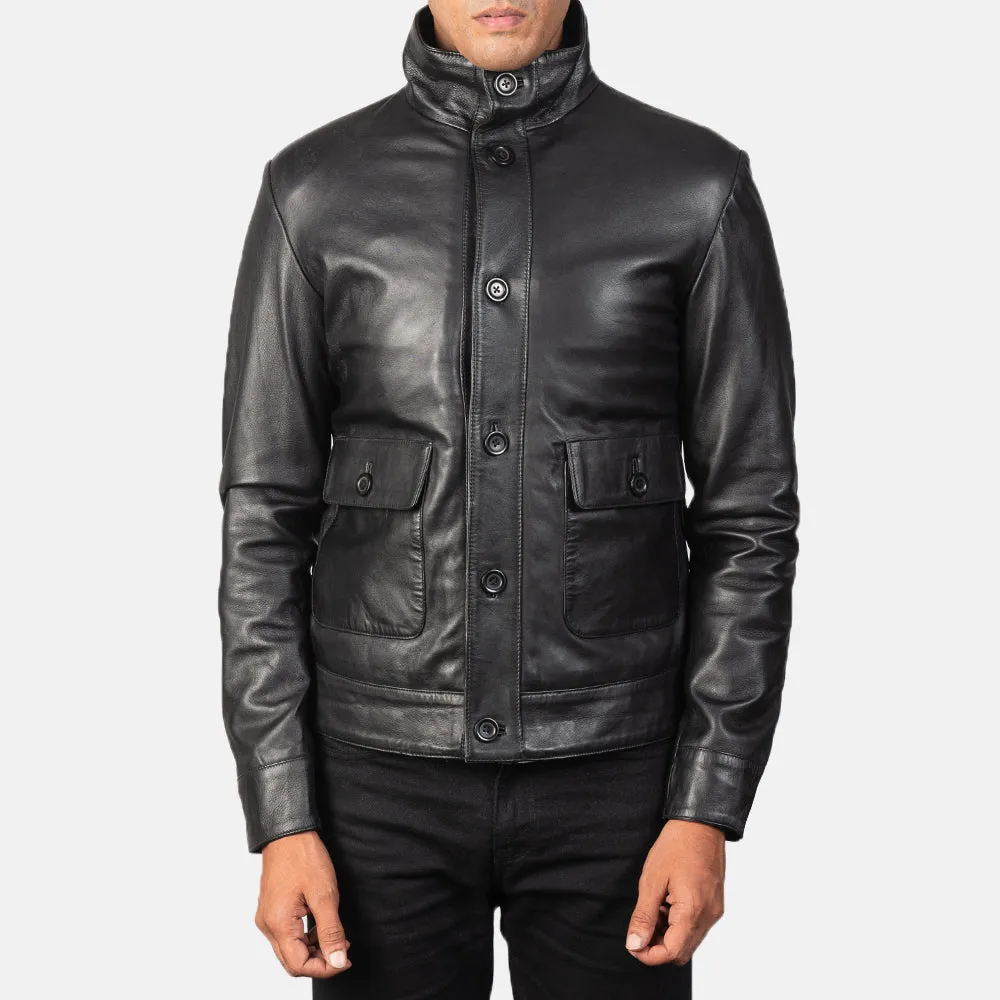 Columbus Black Leather Bomber Jacket Up to 5XL