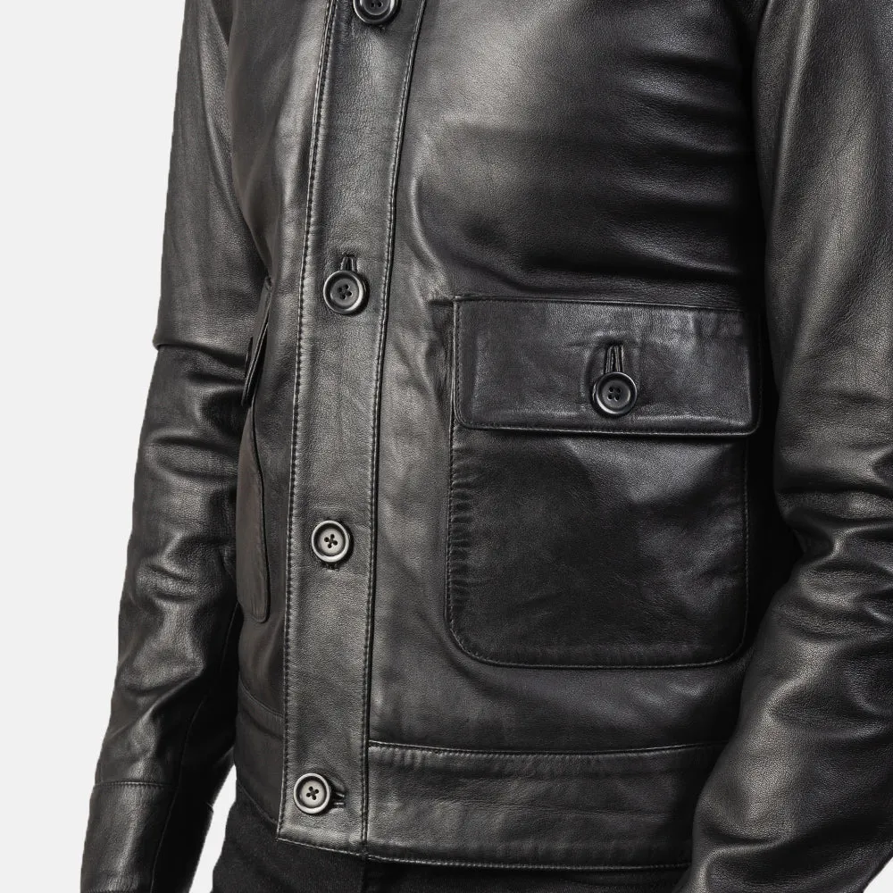 Columbus Black Leather Bomber Jacket Up to 5XL