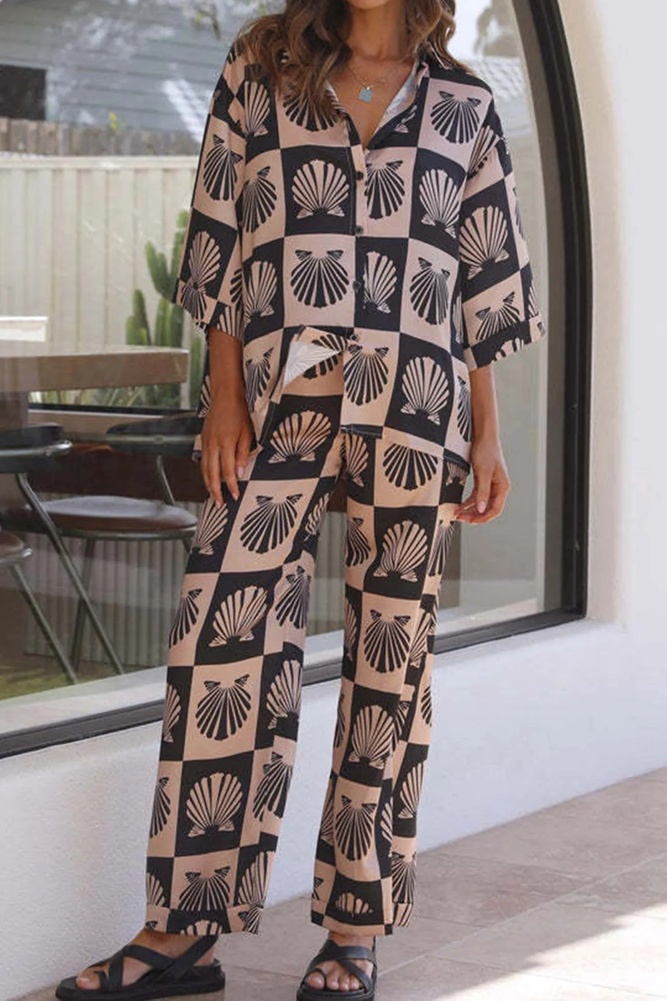 Contrast Printed Shirt Long Pants Suits