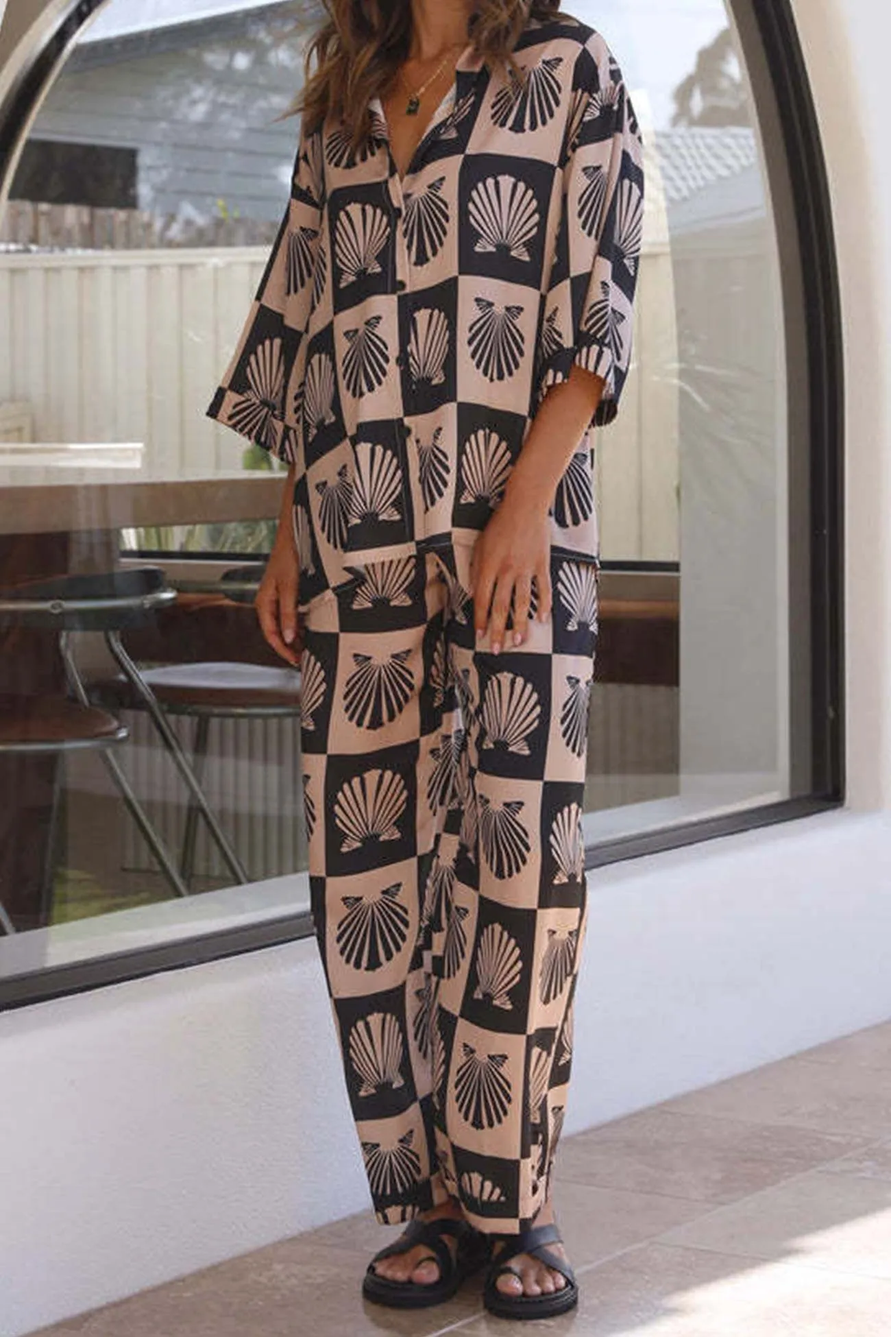 Contrast Printed Shirt Long Pants Suits