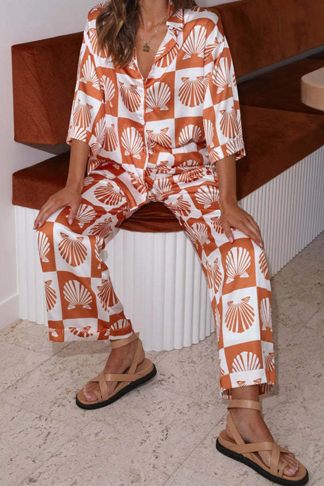 Contrast Printed Shirt Long Pants Suits