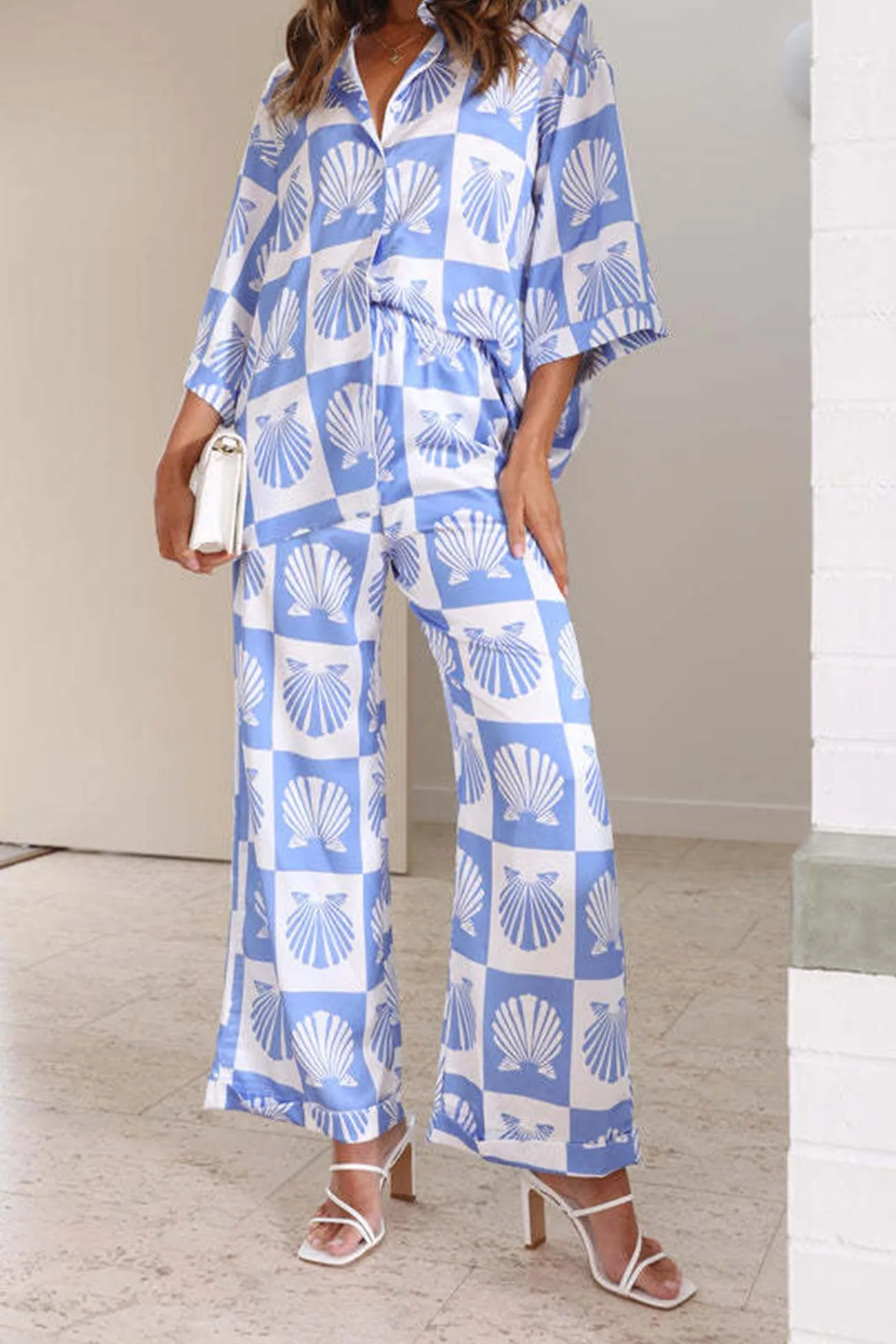 Contrast Printed Shirt Long Pants Suits