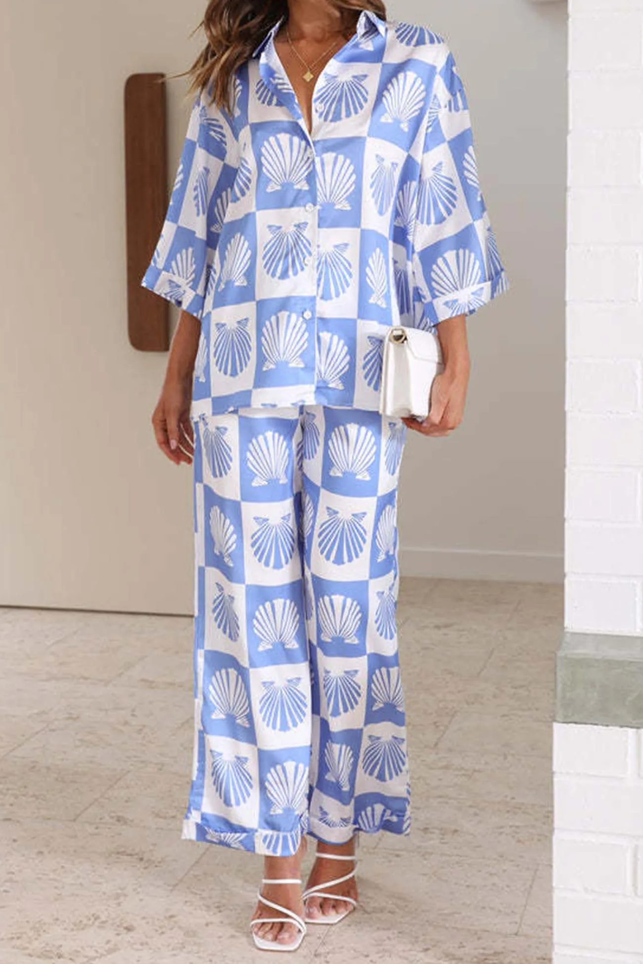 Contrast Printed Shirt Long Pants Suits