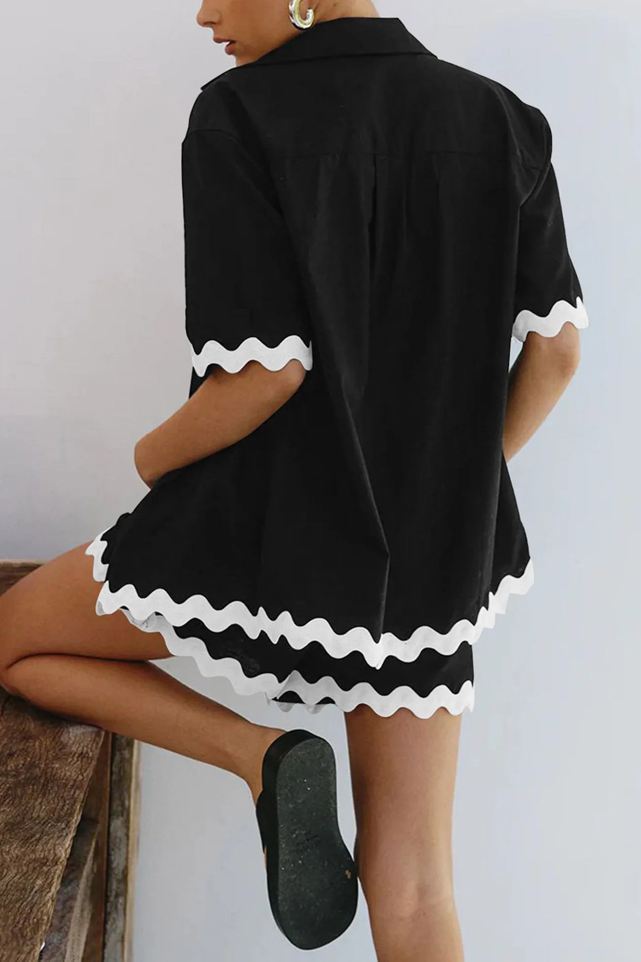 Contrast Wavy Shirt Two-piece Shorts Set