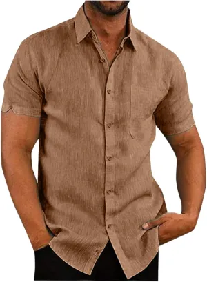 Cotton Lined Shirts for Men Short Sleeve Hawaiian Button Up T-Shirts Summer Solid Tee Shirt Beach Lapel Collared Tops