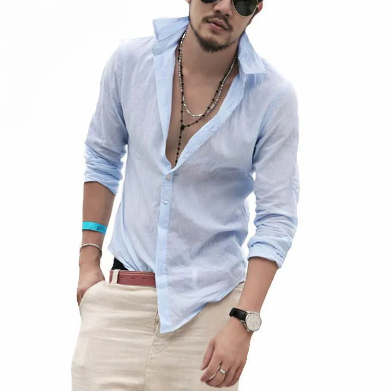 Cotton Linen Men's Shirt Long Sleeve Summer Style Slim Fit (Plus Size)