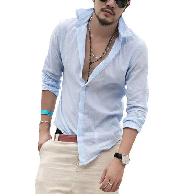 Cotton Linen Men's Shirt Long Sleeve Summer Style Slim Fit (Plus Size)