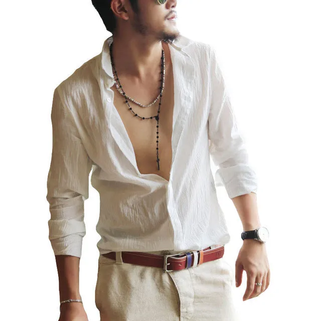 Cotton Linen Men's Shirt Long Sleeve Summer Style Slim Fit (Plus Size)