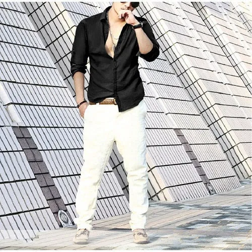 Cotton Linen Men's Shirt Long Sleeve Summer Style Slim Fit (Plus Size)