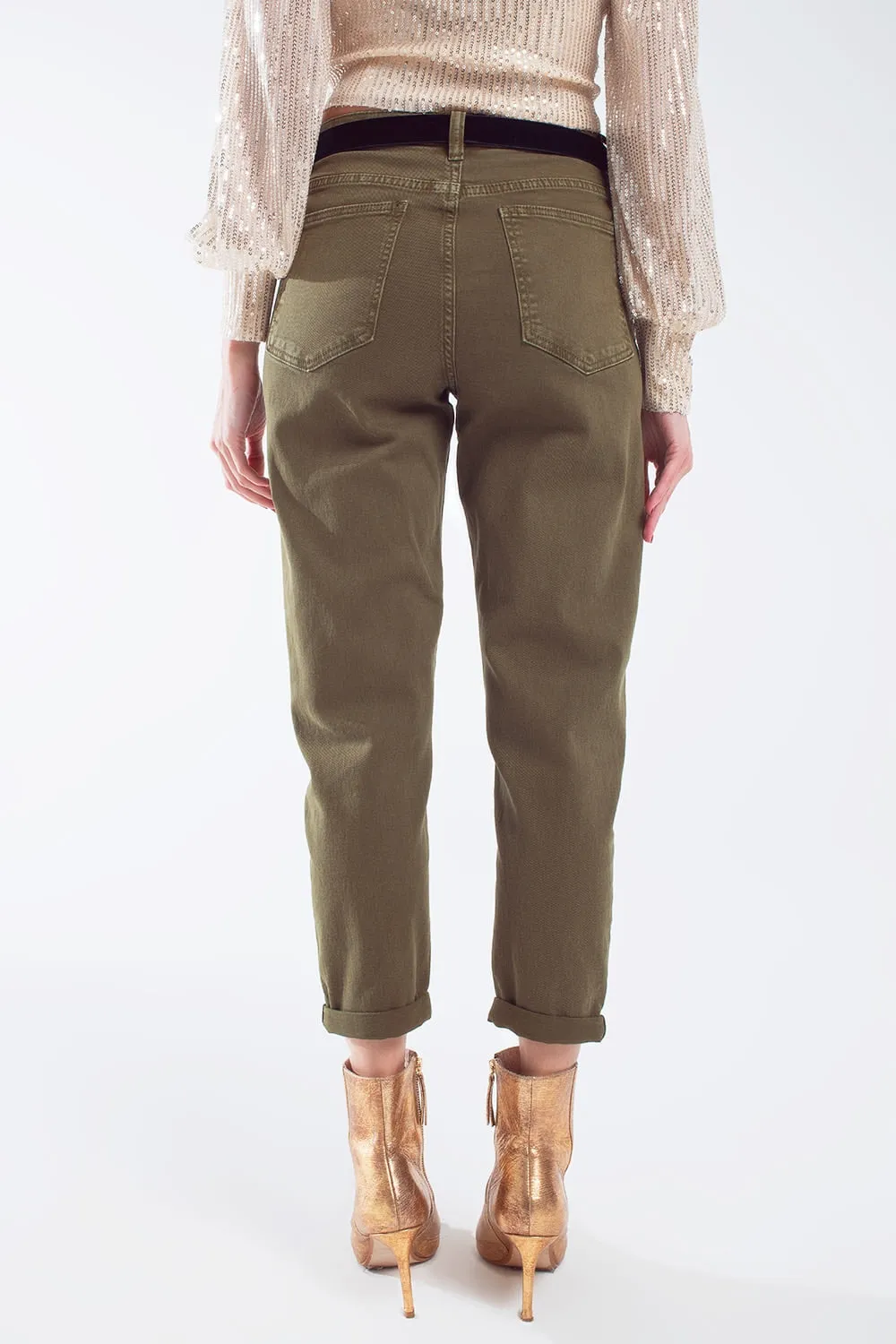 Cotton mid rise slouchy jean in khaki sepia