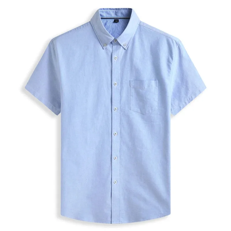 Cotton Oxford Summer Casual Loose Solid Color Short Sleeve Shirt