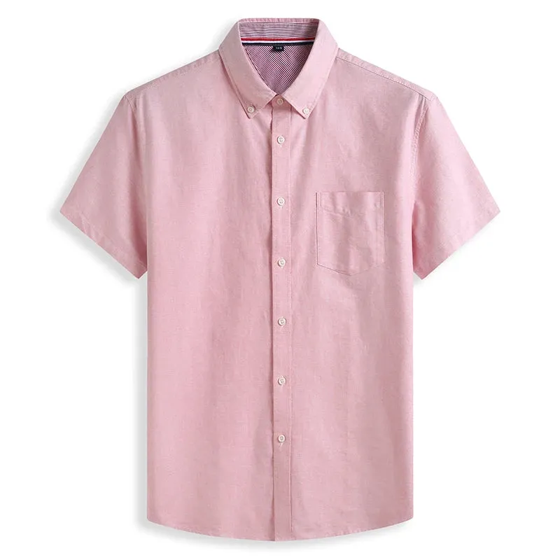Cotton Oxford Summer Casual Loose Solid Color Short Sleeve Shirt
