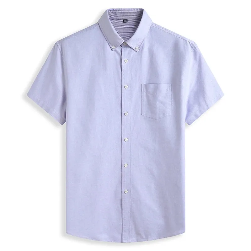 Cotton Oxford Summer Casual Loose Solid Color Short Sleeve Shirt
