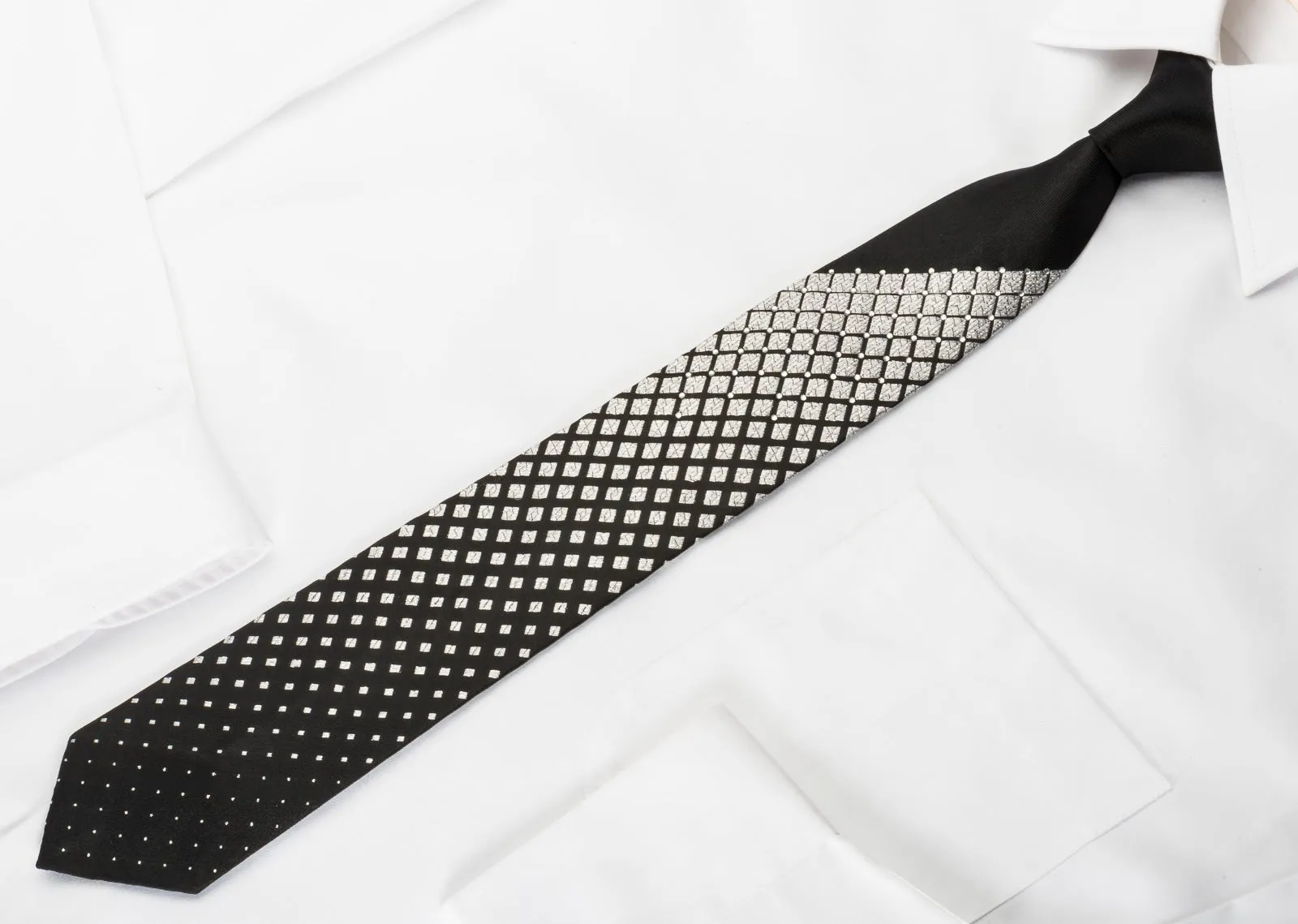 Cravatte Skinny Tie With Rhinestones Geometric Silver On Black Silk With Silver Sparkles