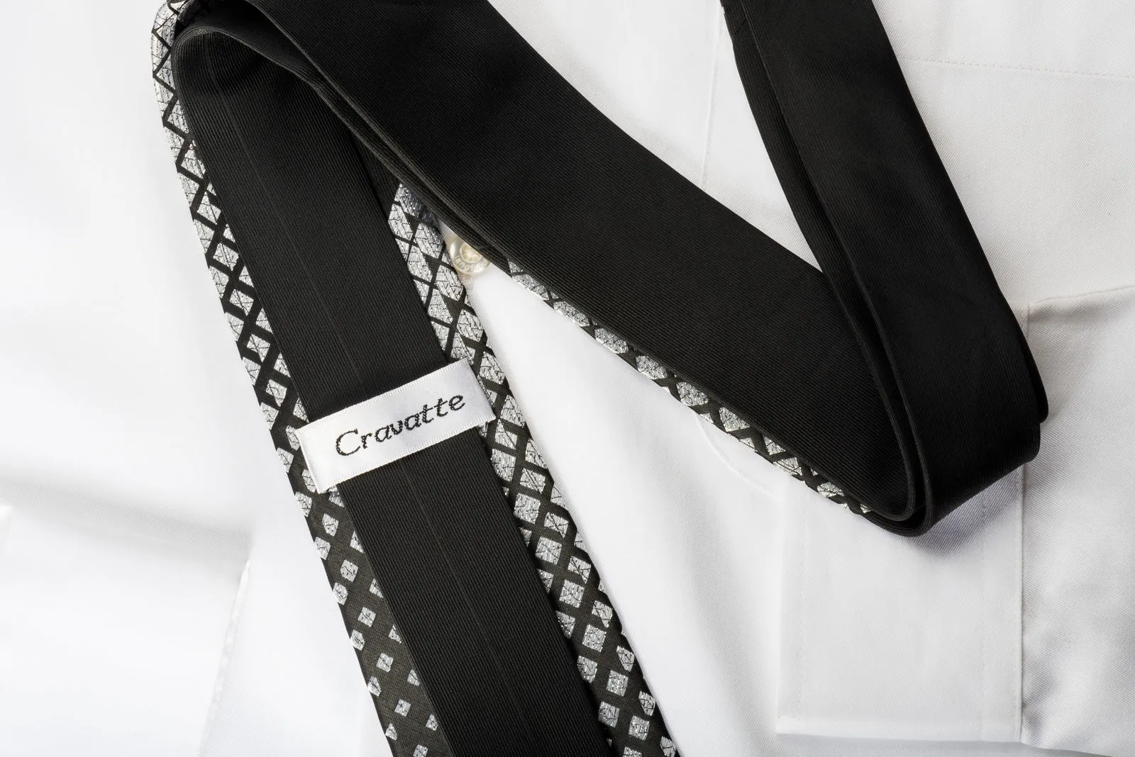 Cravatte Skinny Tie With Rhinestones Geometric Silver On Black Silk With Silver Sparkles