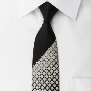 Cravatte Skinny Tie With Rhinestones Geometric Silver On Black Silk With Silver Sparkles