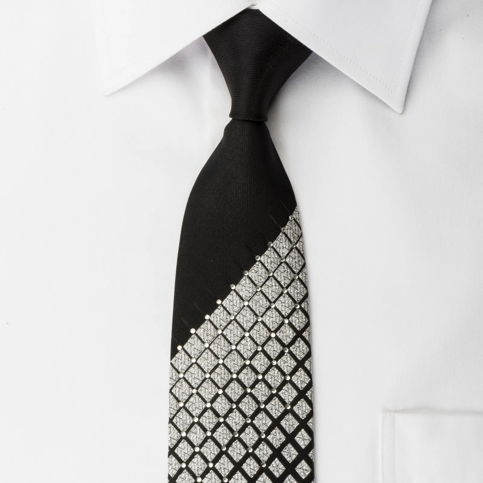 Cravatte Skinny Tie With Rhinestones Geometric Silver On Black Silk With Silver Sparkles
