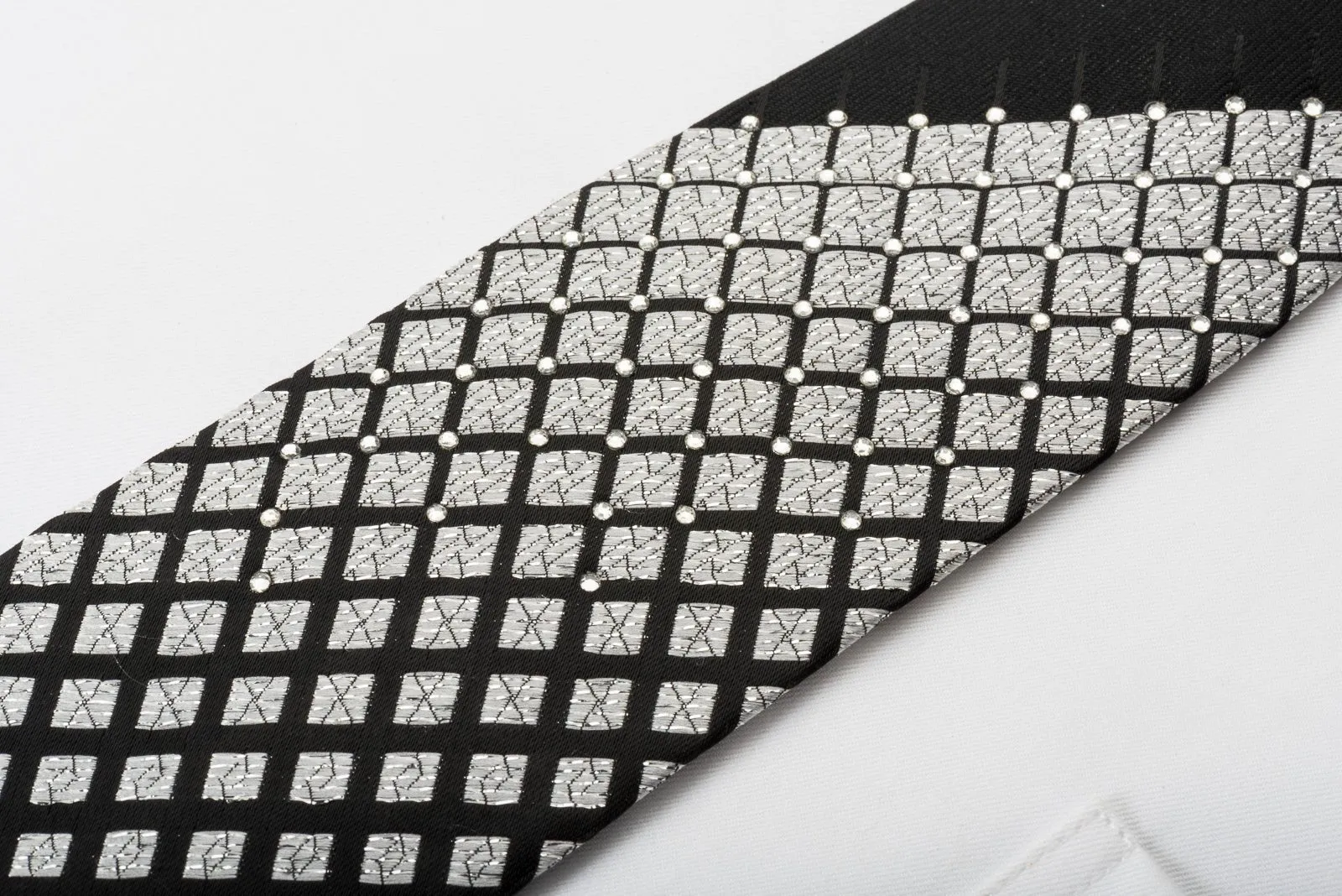 Cravatte Skinny Tie With Rhinestones Geometric Silver On Black Silk With Silver Sparkles