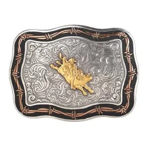 CRUMRINE RECTANGLE BUCKLE BULLRIDER MOTIF BLACK GOLD