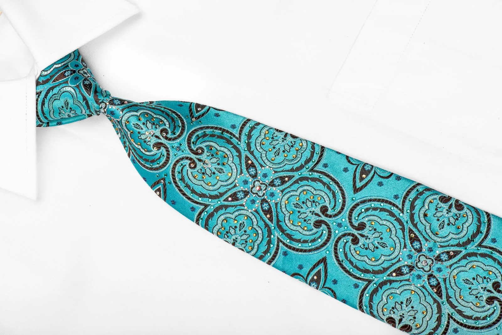 Crystal Silk Tie Acanthus On Blue With Silver Sparkles