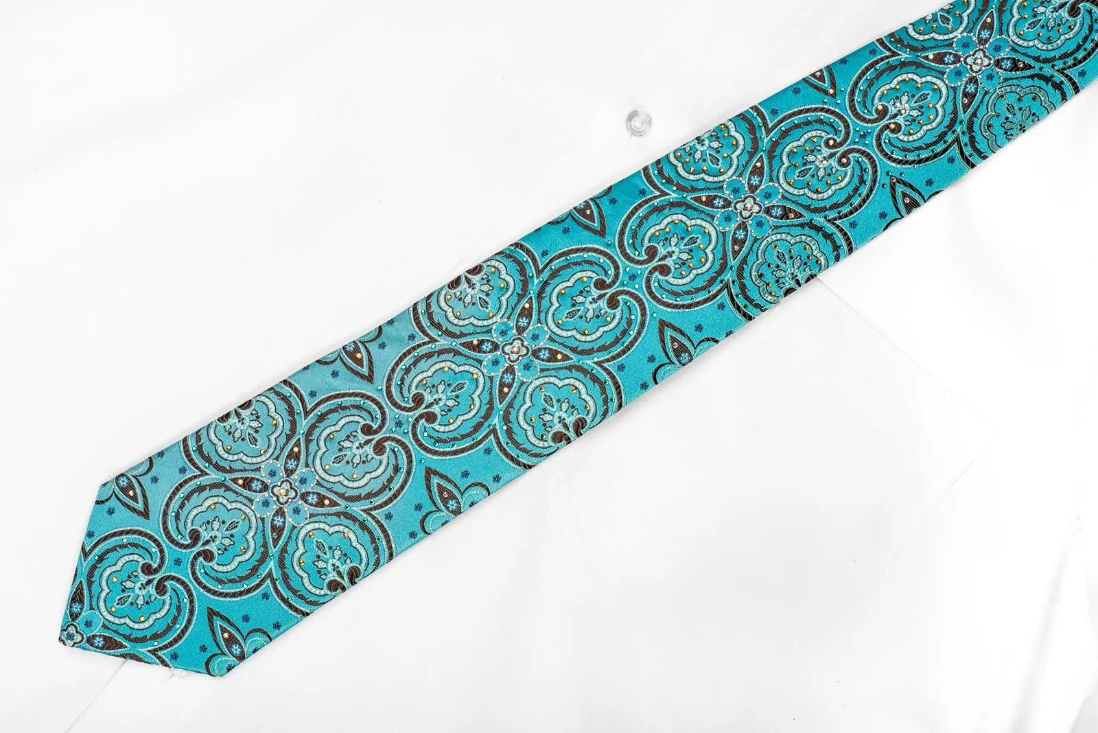 Crystal Silk Tie Acanthus On Blue With Silver Sparkles