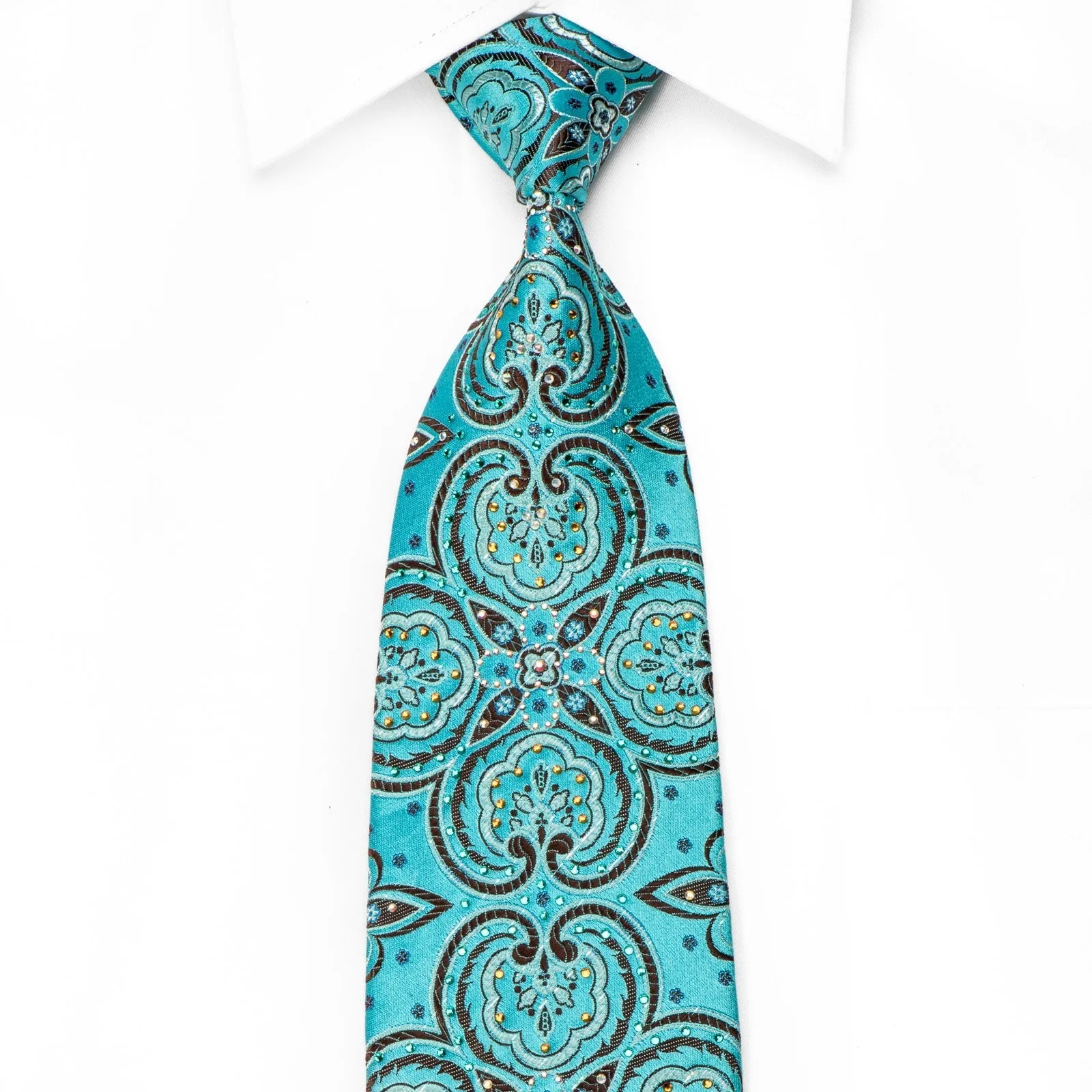 Crystal Silk Tie Acanthus On Blue With Silver Sparkles