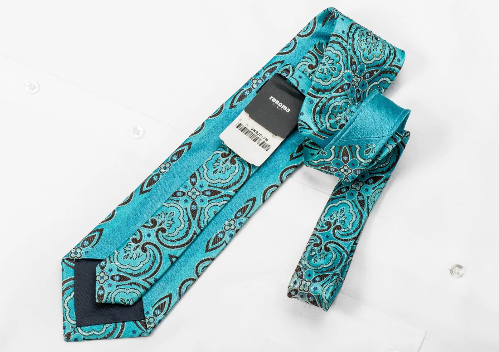 Crystal Silk Tie Acanthus On Blue With Silver Sparkles