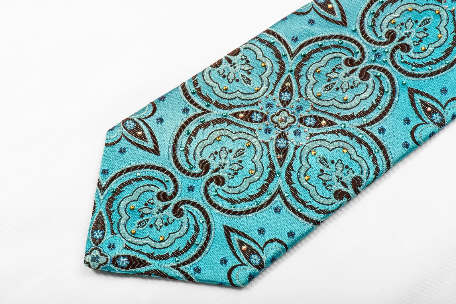 Crystal Silk Tie Acanthus On Blue With Silver Sparkles