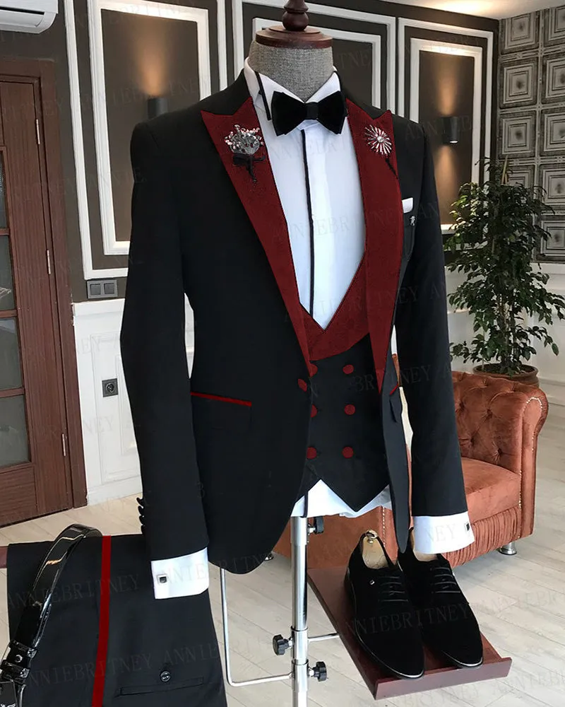 Custom Made Wedding Black tuxedo for Men Groom,Grad Prom Suits with Burgundy Lapel 3 Pieces Suits PL10702