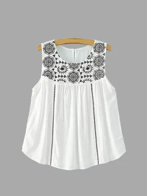 Custom Round Neck Printed Sleeveless White Top