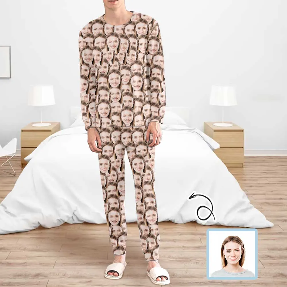 Custom Seamless Face Men's Long Sleeve Crewneck Pajamas Set Personalized Sleepwear Sets