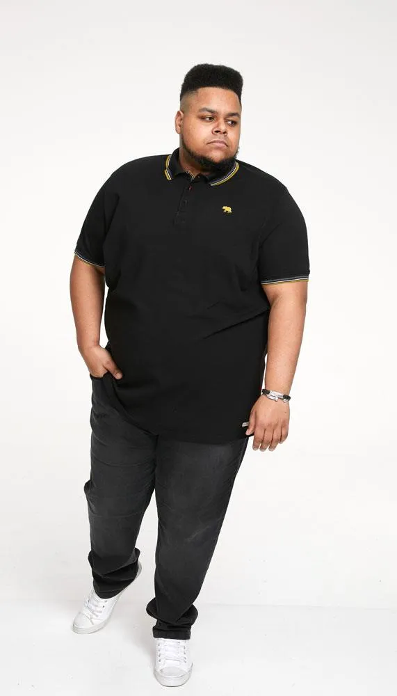 D555 Men's BENJAMIN 2-Pique Polo, Chest Embroidery & Contrast Colour Tipping-Black, 3XL to 6XL