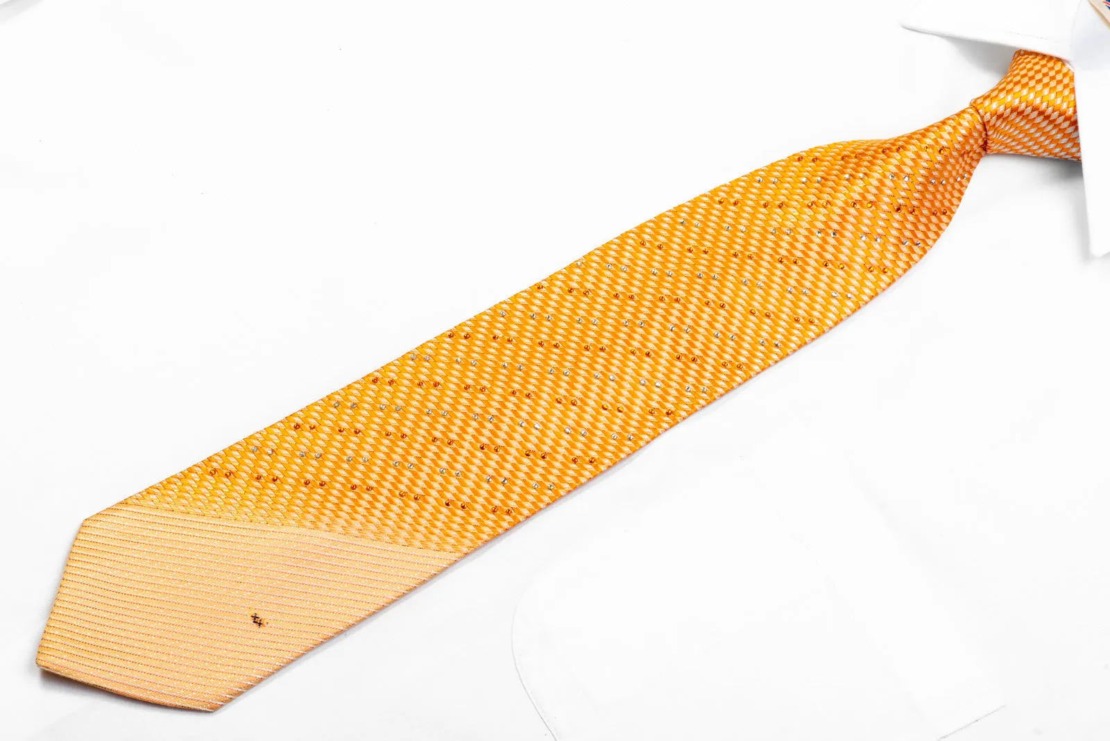 Daks Crystal Rhinestone Silk Tie Orange Geometric With Red Sparkles