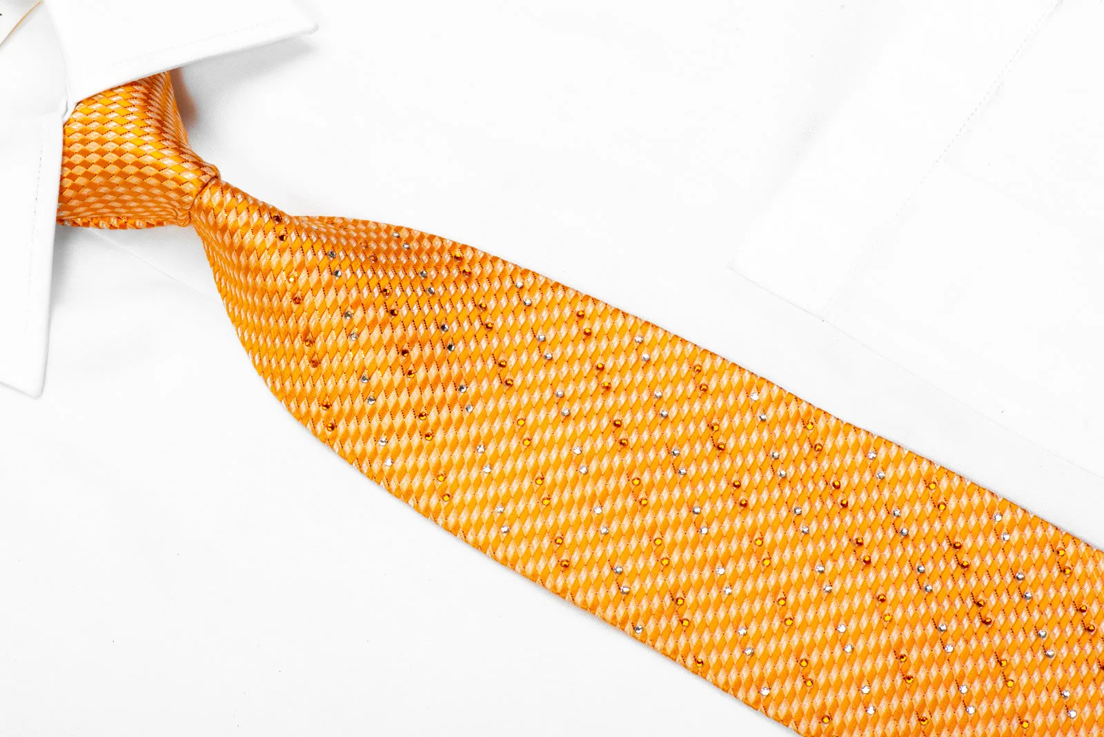 Daks Crystal Rhinestone Silk Tie Orange Geometric With Red Sparkles
