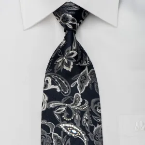 Daniel Hechter Mens Silk Necktie Silver Paisley On Black Sparkling With Rhinestones