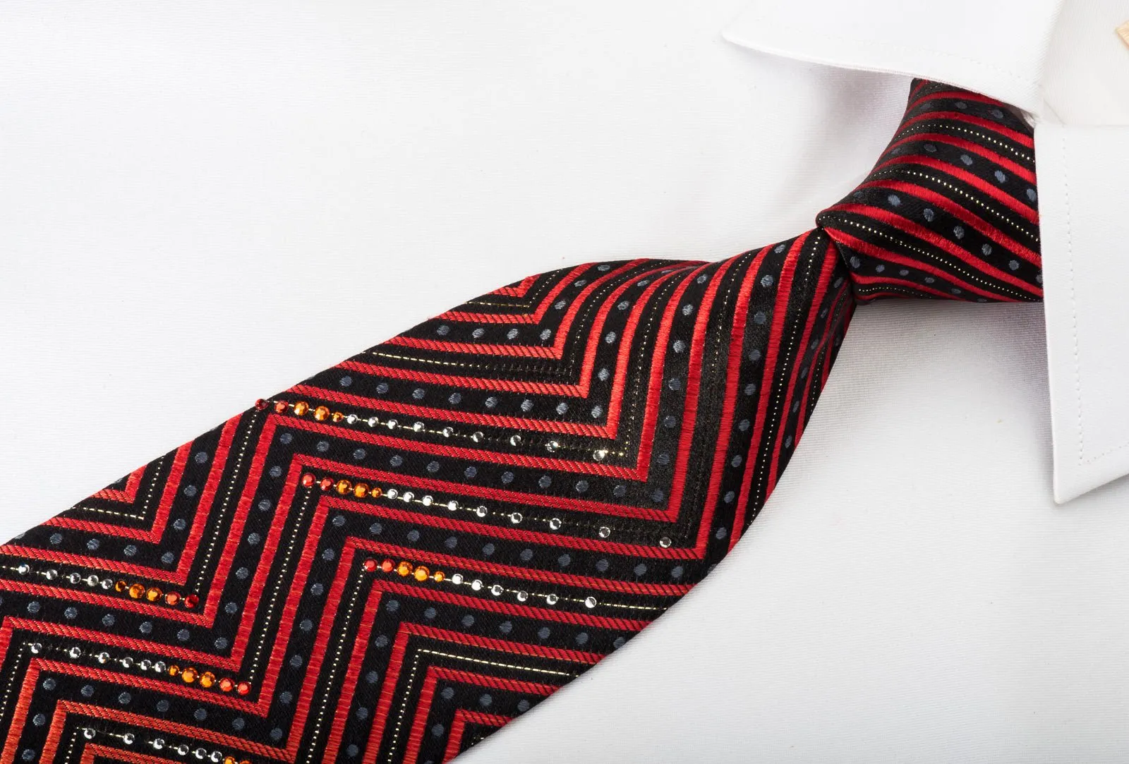 Daniel Hechter Rhinestone Silk Necktie Orange Chevron Stripes On Black With Silver Sparkles