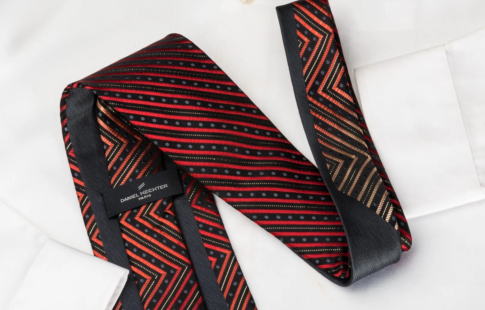 Daniel Hechter Rhinestone Silk Necktie Orange Chevron Stripes On Black With Silver Sparkles