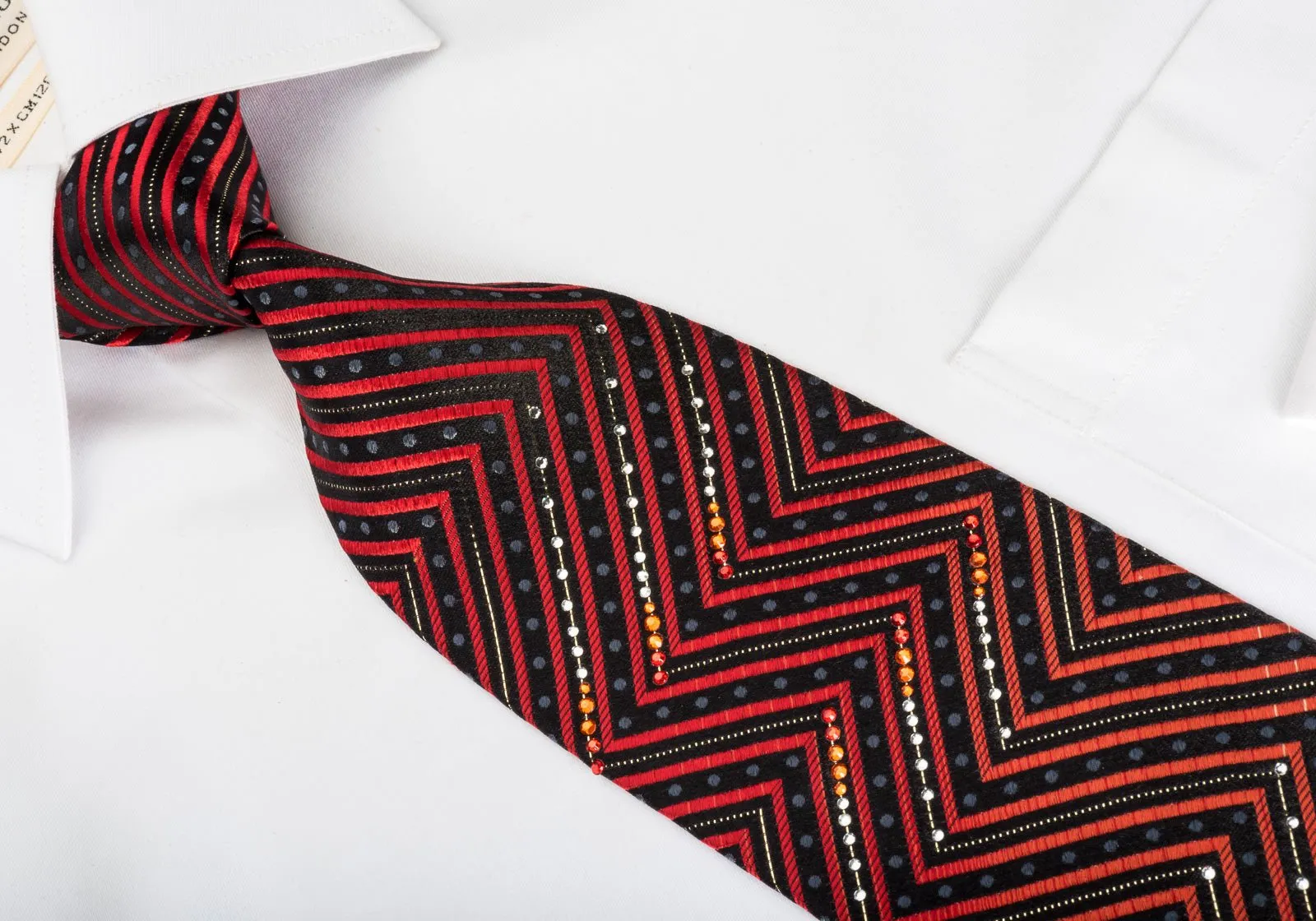 Daniel Hechter Rhinestone Silk Necktie Orange Chevron Stripes On Black With Silver Sparkles