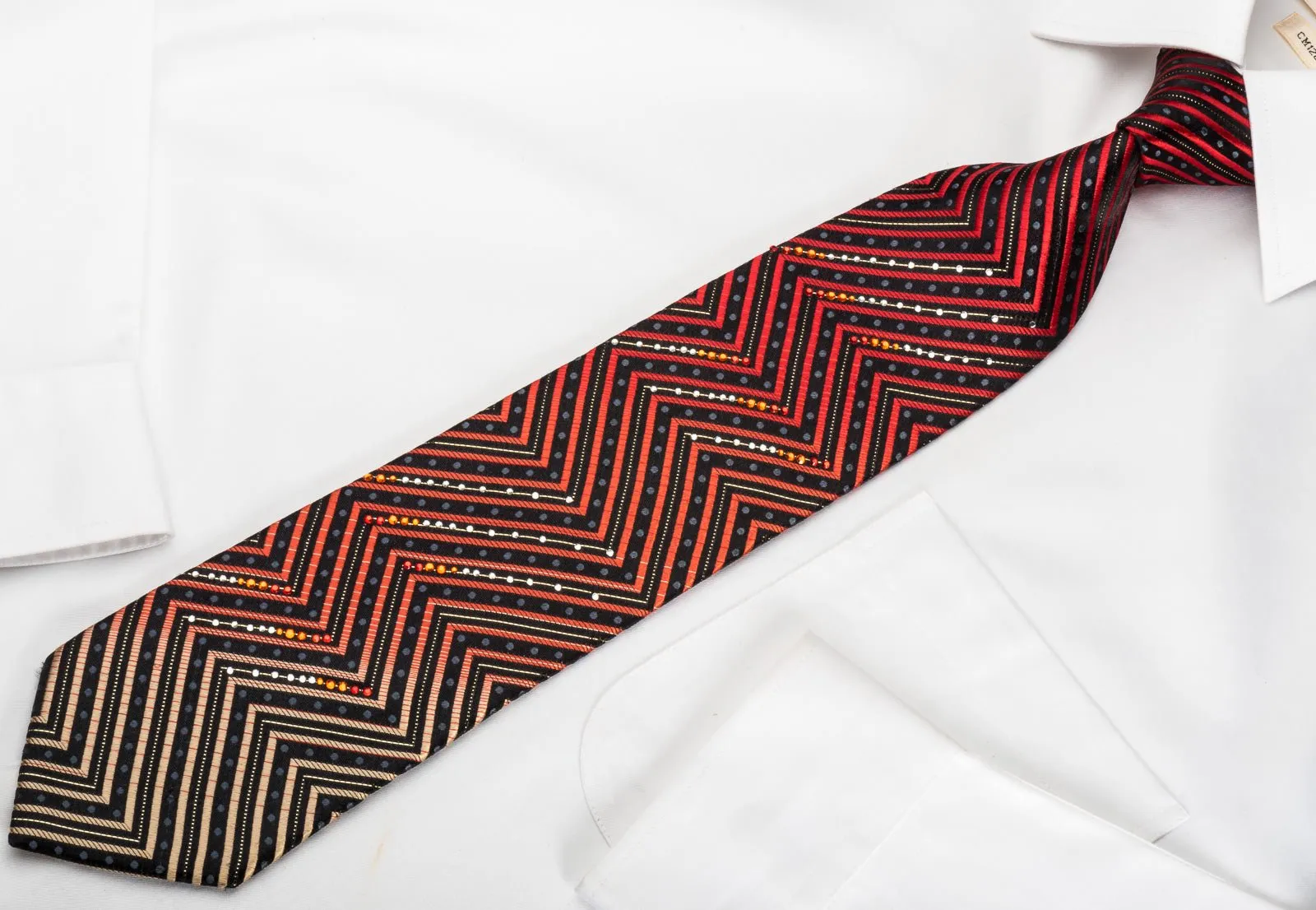 Daniel Hechter Rhinestone Silk Necktie Orange Chevron Stripes On Black With Silver Sparkles