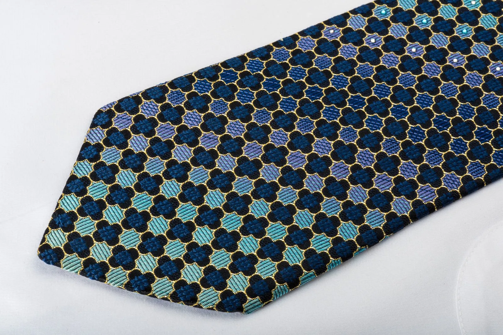 Daniel Hechter Rhinestone Silk Tie Quatrefoil Om Turquoise With Gold Sparkles
