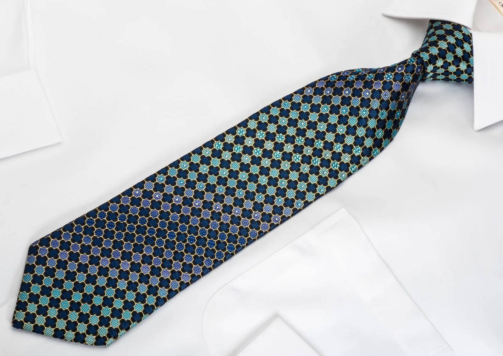 Daniel Hechter Rhinestone Silk Tie Quatrefoil Om Turquoise With Gold Sparkles