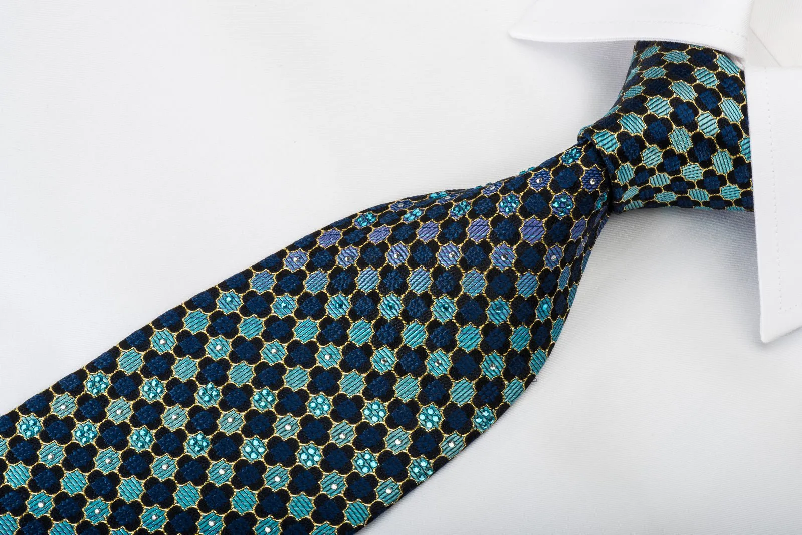 Daniel Hechter Rhinestone Silk Tie Quatrefoil Om Turquoise With Gold Sparkles