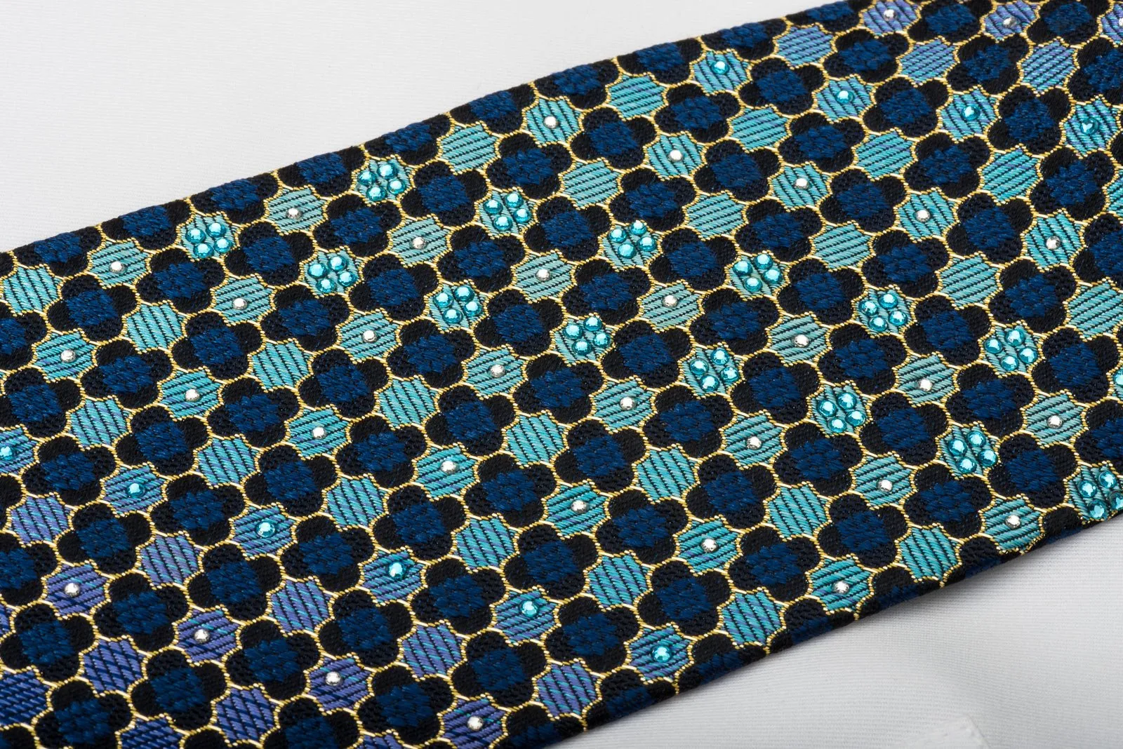 Daniel Hechter Rhinestone Silk Tie Quatrefoil Om Turquoise With Gold Sparkles