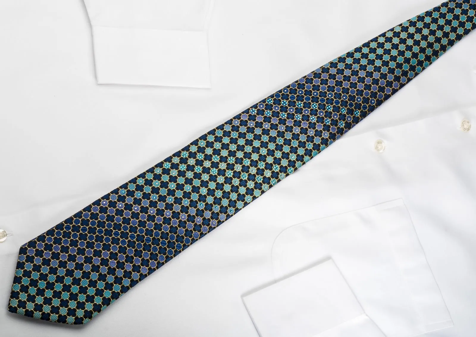 Daniel Hechter Rhinestone Silk Tie Quatrefoil Om Turquoise With Gold Sparkles