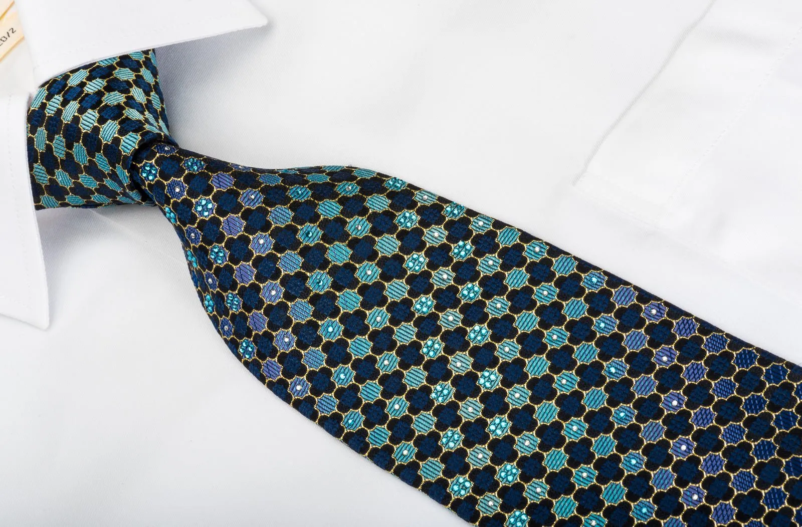 Daniel Hechter Rhinestone Silk Tie Quatrefoil Om Turquoise With Gold Sparkles