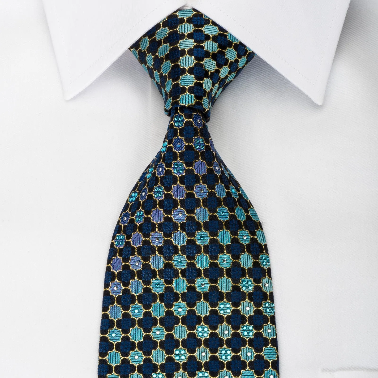 Daniel Hechter Rhinestone Silk Tie Quatrefoil Om Turquoise With Gold Sparkles