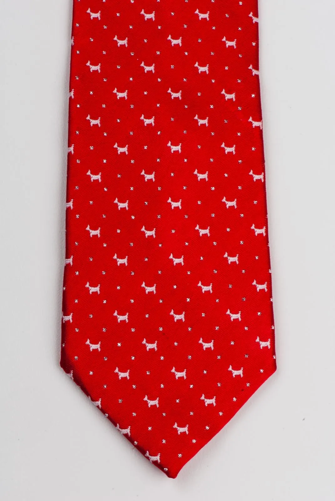 Daniel Silk Neck Tie White Scotty Dogs On Red With Silver Highlights 2 3/4 Inch