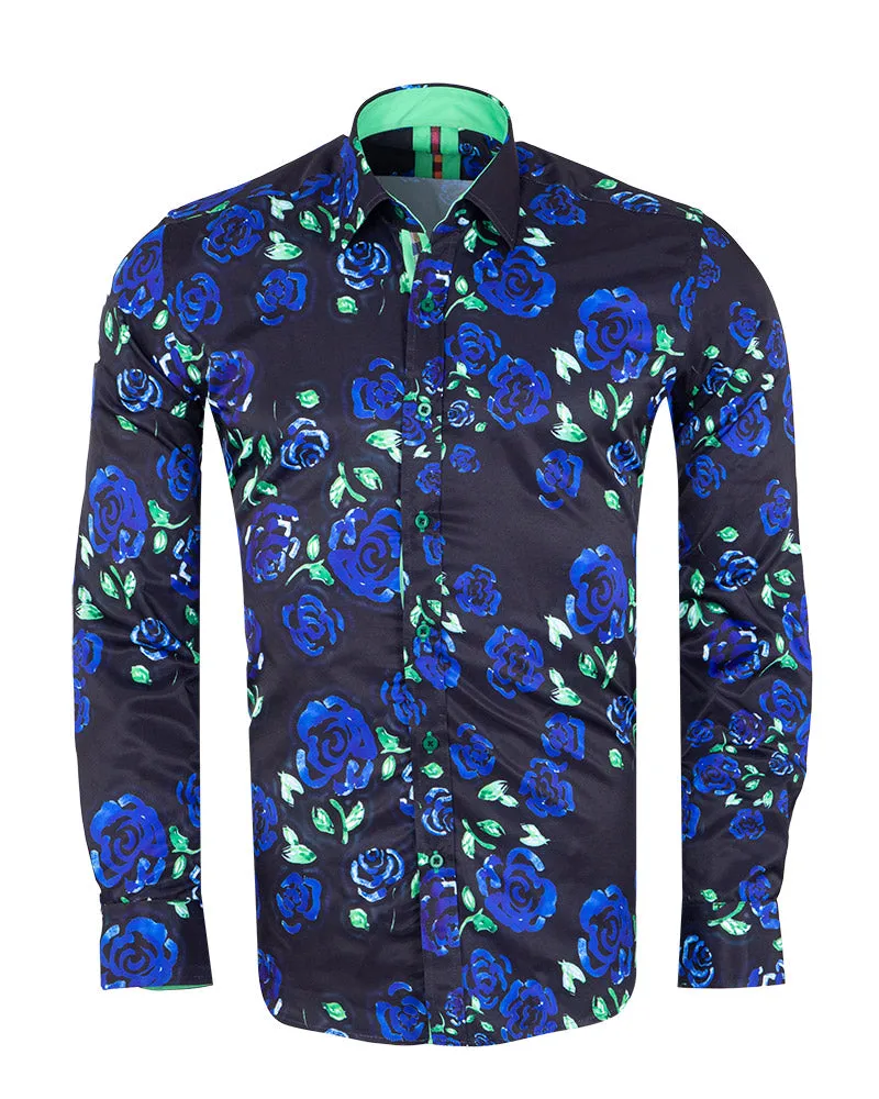 Dark Blue Rose Neon Print Shirt
